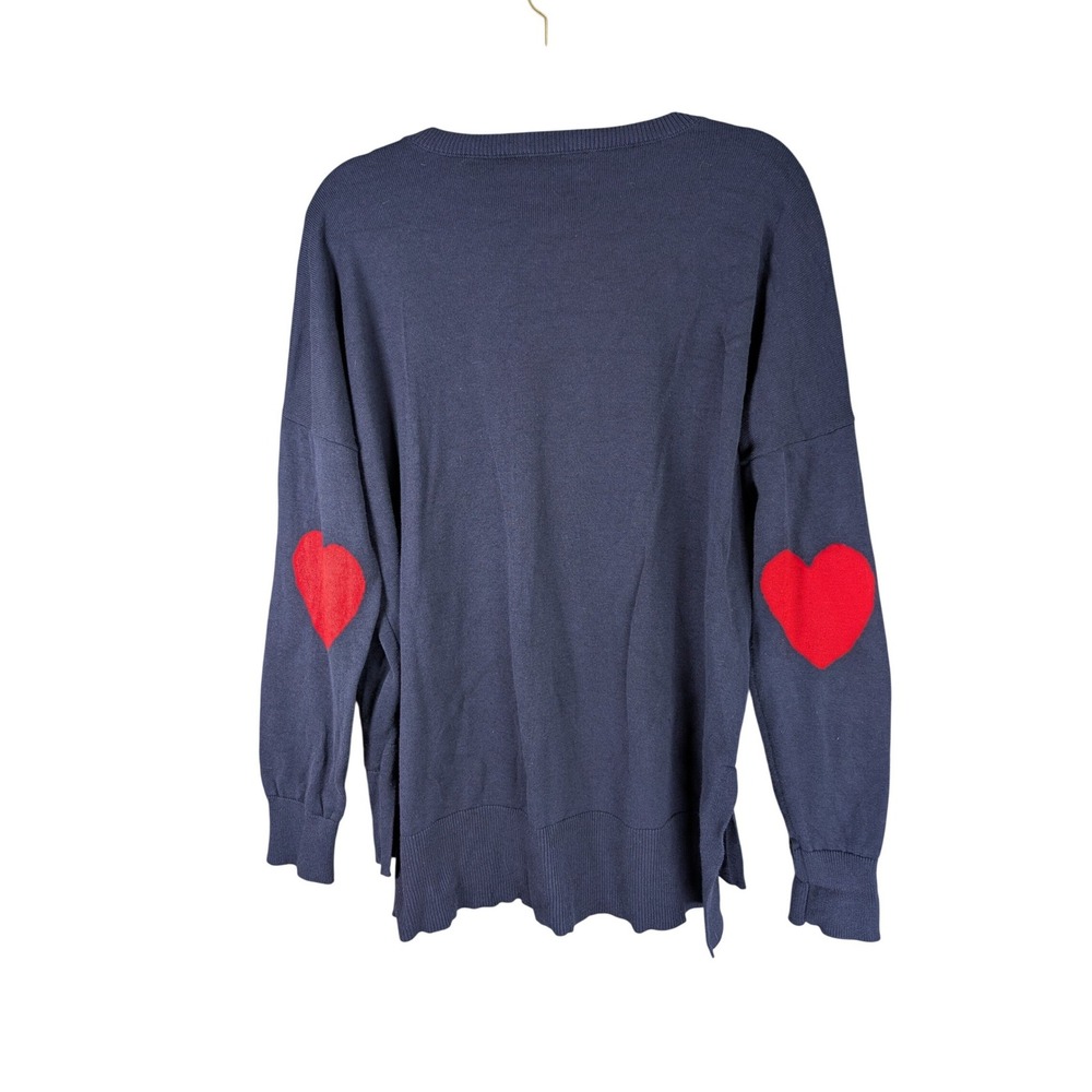 Studio Park Sweater Womens L Navy Blue Heart Elbow Patch Crewneck Cotton Blend‎